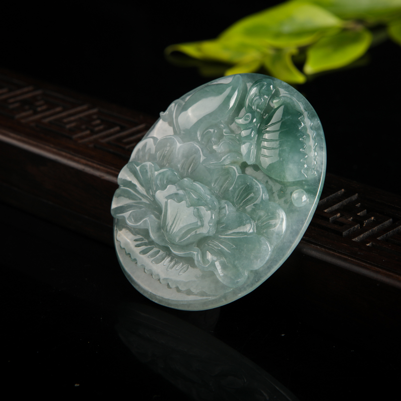 缅甸糯种飘花翡翠蝶恋花吊坠-红掌柜