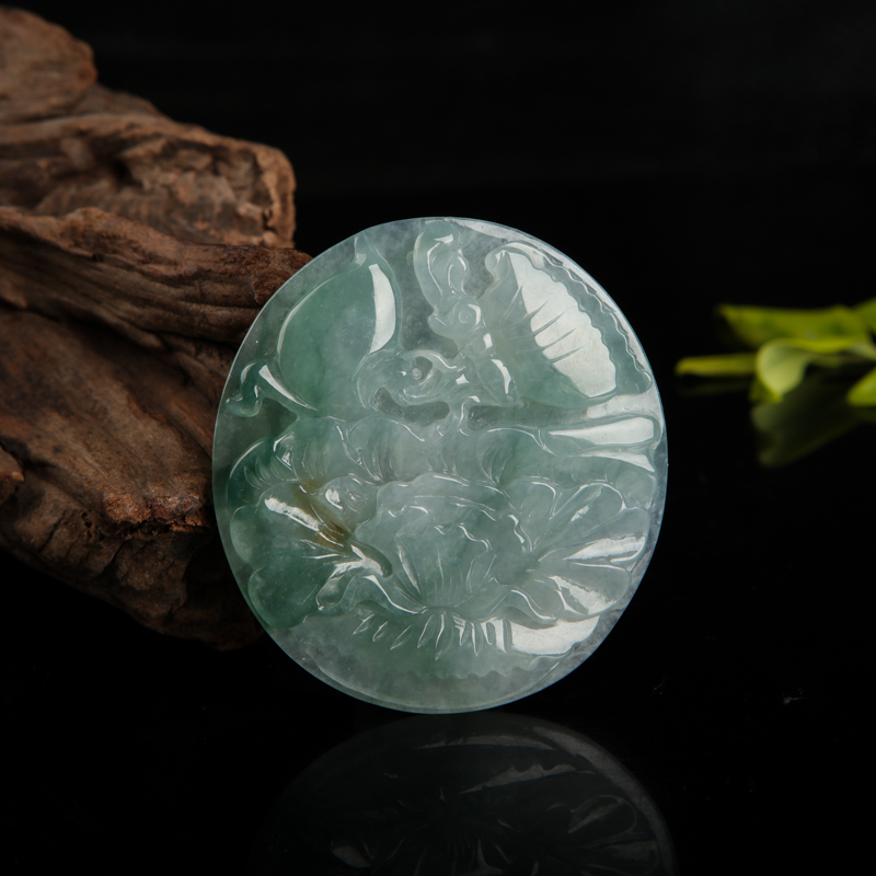 缅甸天然糯种飘花翡翠蝶恋花吊坠-红掌柜