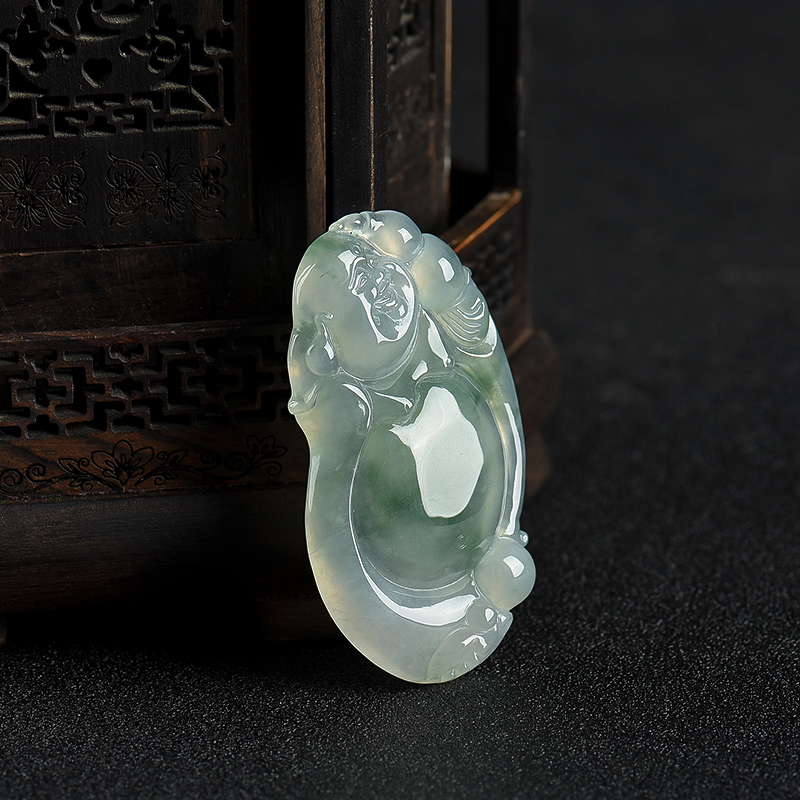 天然糯冰种飘花翡翠弥勒佛吊坠-红掌柜