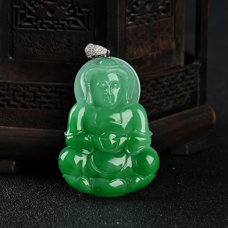 18k糯种翠绿翡翠观音吊坠-红掌柜