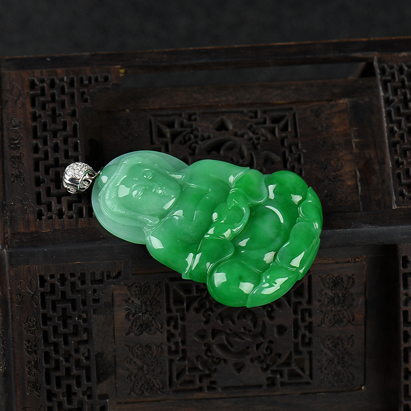 缅甸天然A货糯种翠绿翡翠观音吊坠-红掌柜