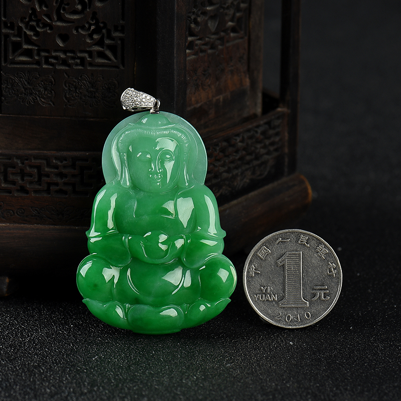 缅甸糯种翠绿翡翠观音吊坠-红掌柜