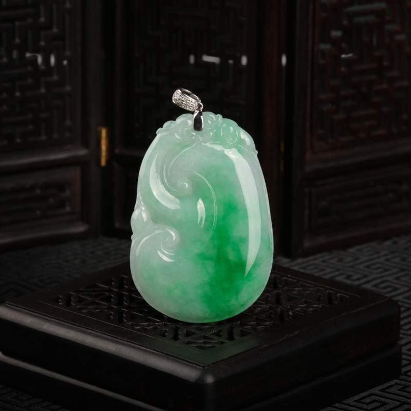 缅甸天然糯种飘翠翡翠如意吊坠-红掌柜