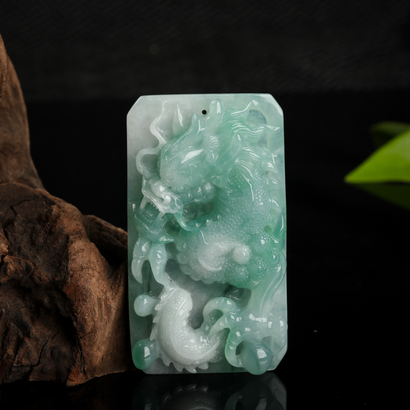 缅甸天然糯种蓝绿翡翠龙牌吊坠-红掌柜