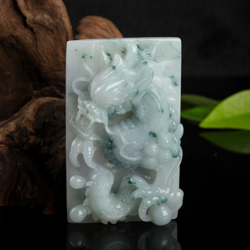 缅甸天然糯种飘花翡翠龙牌吊坠-红掌柜