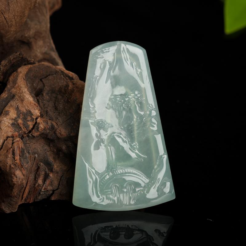 缅甸天然糯冰种翡翠小桥流水吊坠-红掌柜