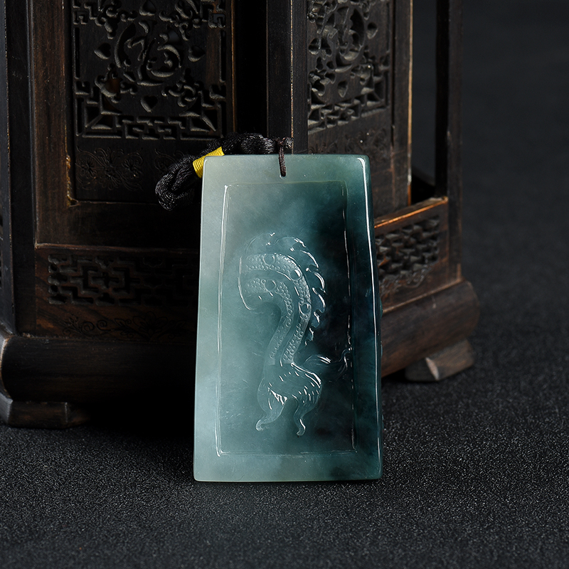 缅甸天然蓝绿翡翠龙牌吊坠-红掌柜