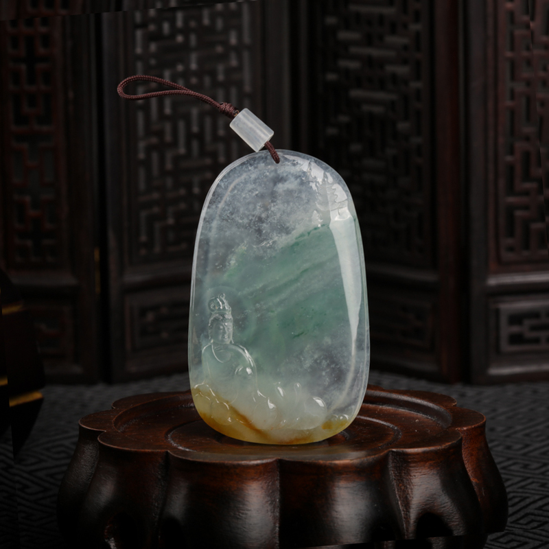 冰种俏色翡翠观音吊坠-红掌柜