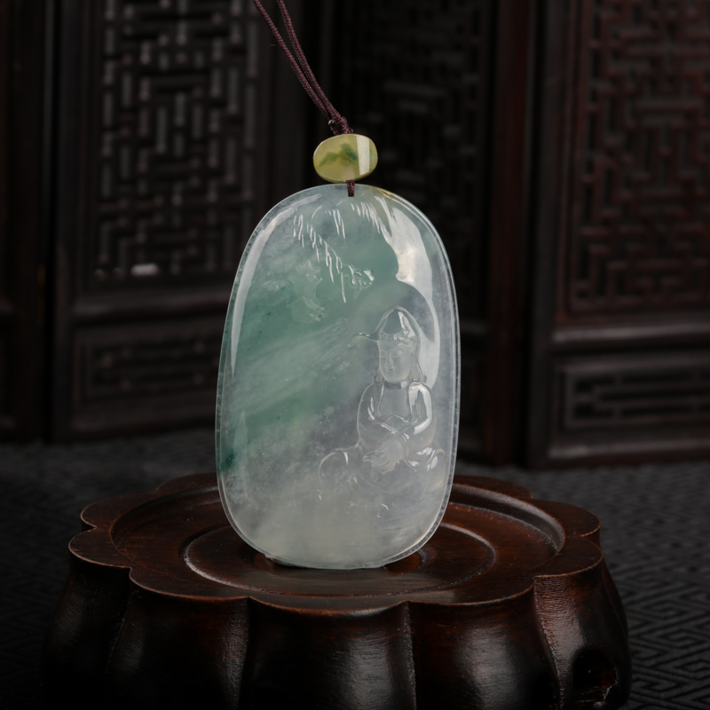 糯冰种飘花翡翠观音吊坠-红掌柜