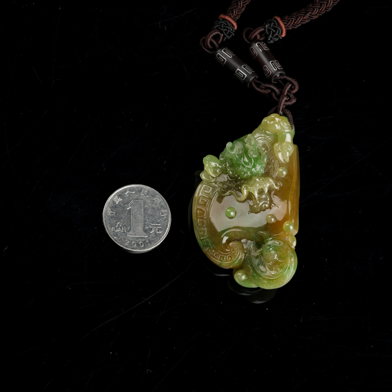 缅甸糯种俏色翡翠龙凤呈祥吊坠-红掌柜