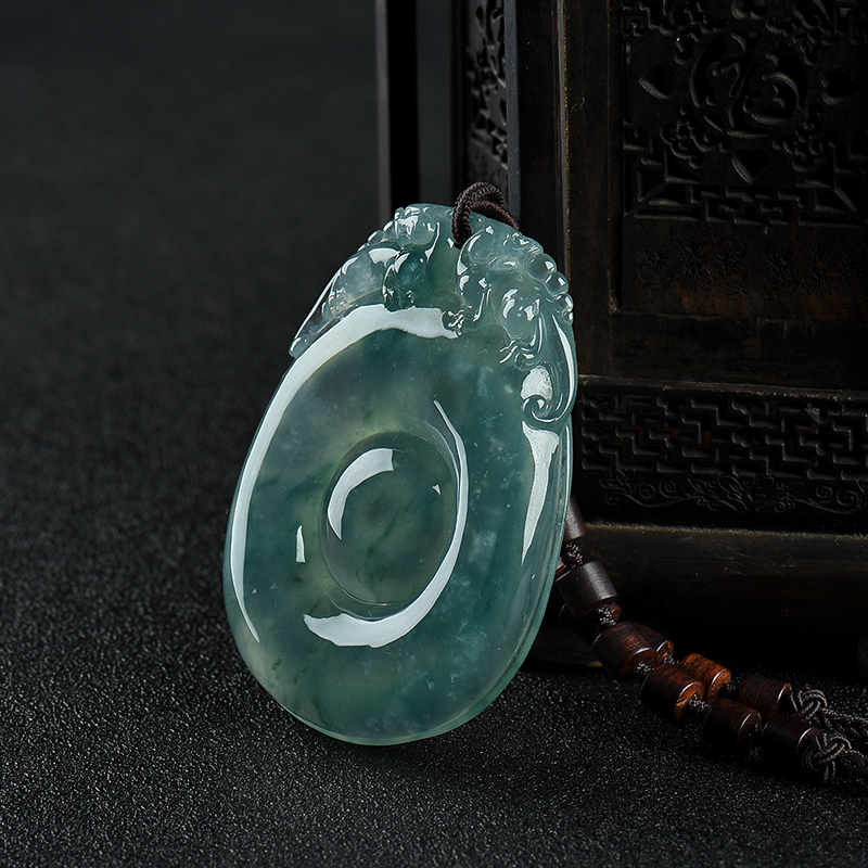缅甸糯冰种飘花翡翠福寿如意吊坠-红掌柜