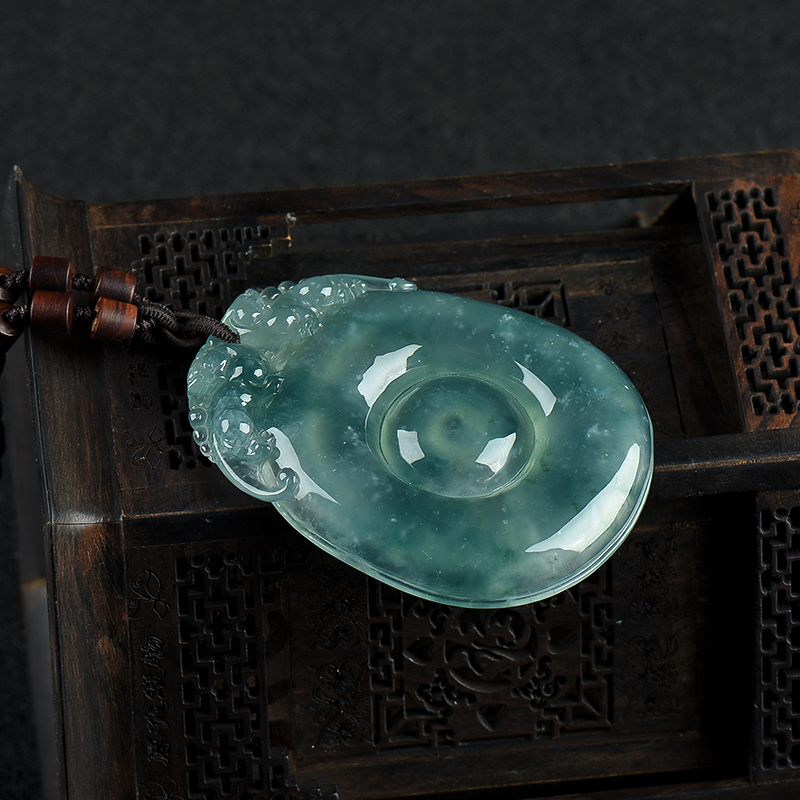 缅甸天然糯冰种翡翠福寿如意吊坠-红掌柜