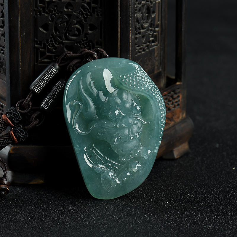 缅甸天然糯冰种蓝绿翡翠辰龙吊坠-红掌柜