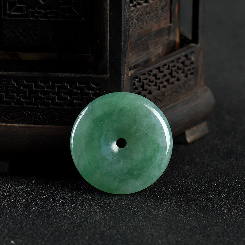 缅甸天然豆种暗绿翡翠平安扣吊坠-红掌柜