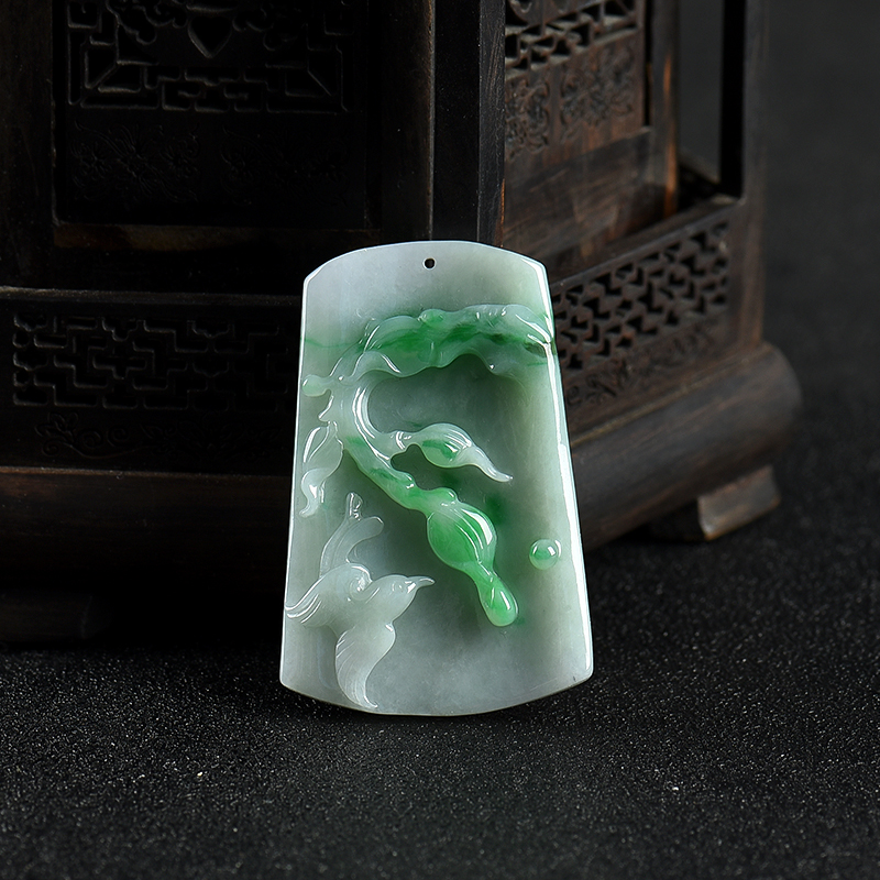 天然缅甸糯种飘翠翡翠喜上眉梢吊坠-红掌柜