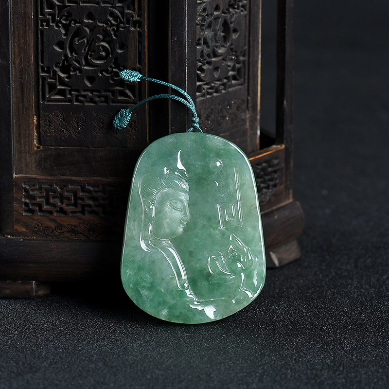 缅甸天然糯种蓝绿翡翠观音吊坠-红掌柜