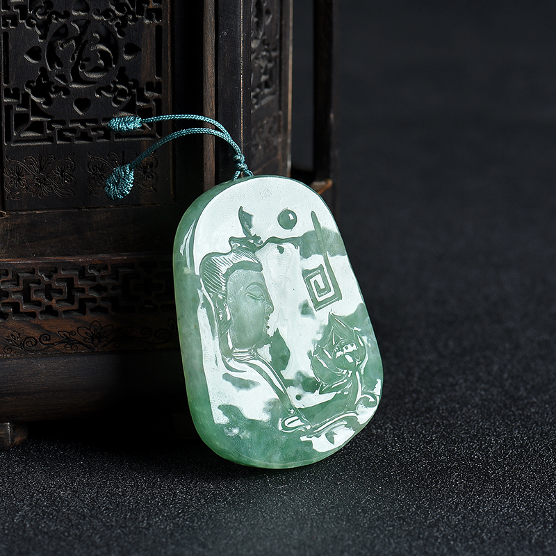 天然糯种蓝绿翡翠观音吊坠-红掌柜
