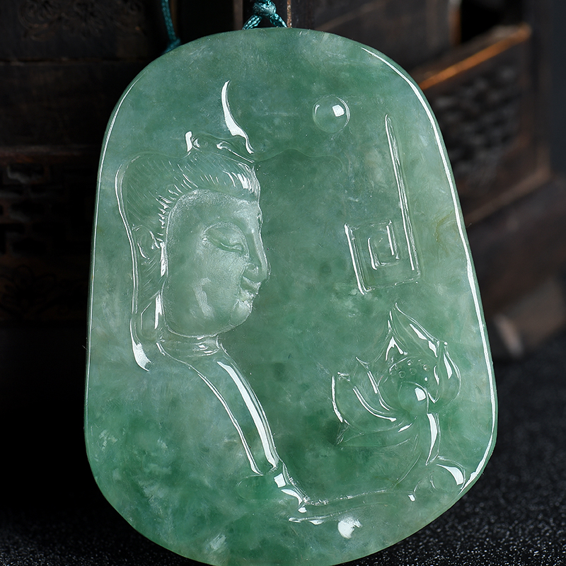 缅甸天然糯种蓝绿翡翠吊坠-红掌柜