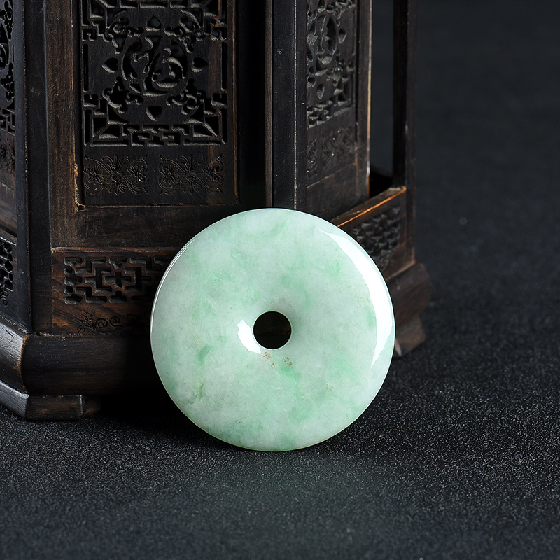 缅甸天然豆种飘翠翡翠平安扣吊坠-红掌柜