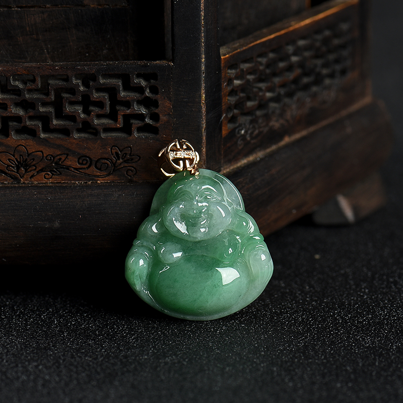 18k豆种飘翠翡翠佛吊坠-红掌柜