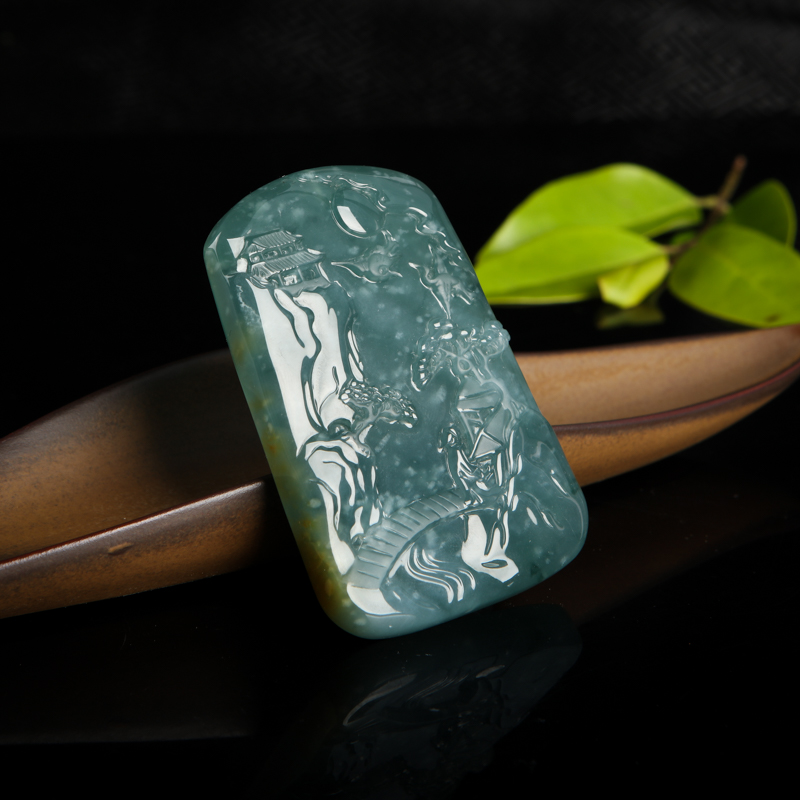 天然糯冰种蓝绿翡翠山水吊坠-红掌柜