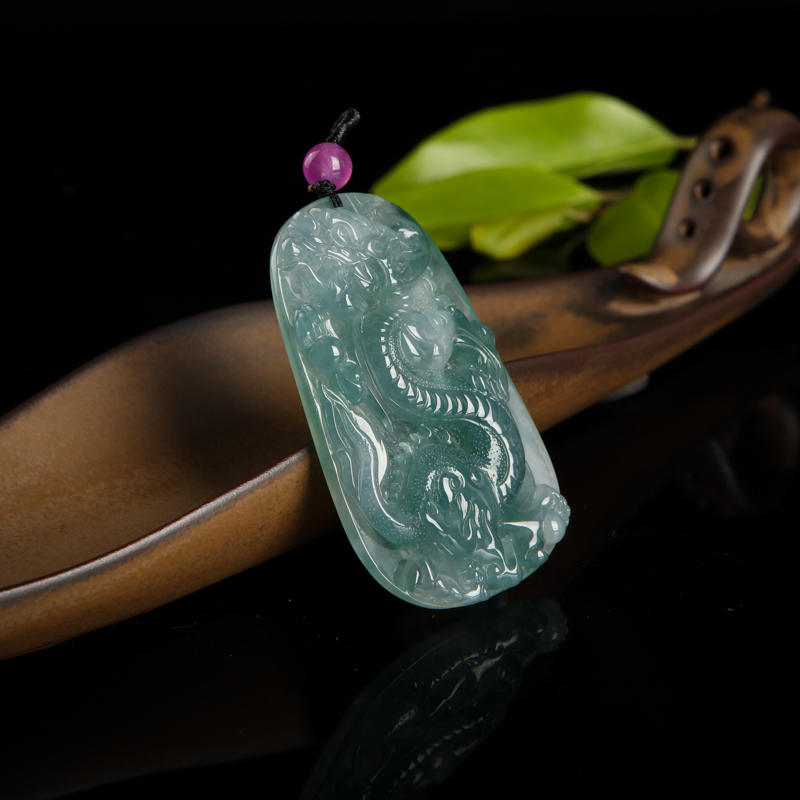 天然糯冰种蓝绿翡翠辰龙吊坠-红掌柜