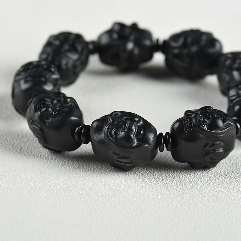 天然糯种墨翠翡翠佛头手串-红掌柜