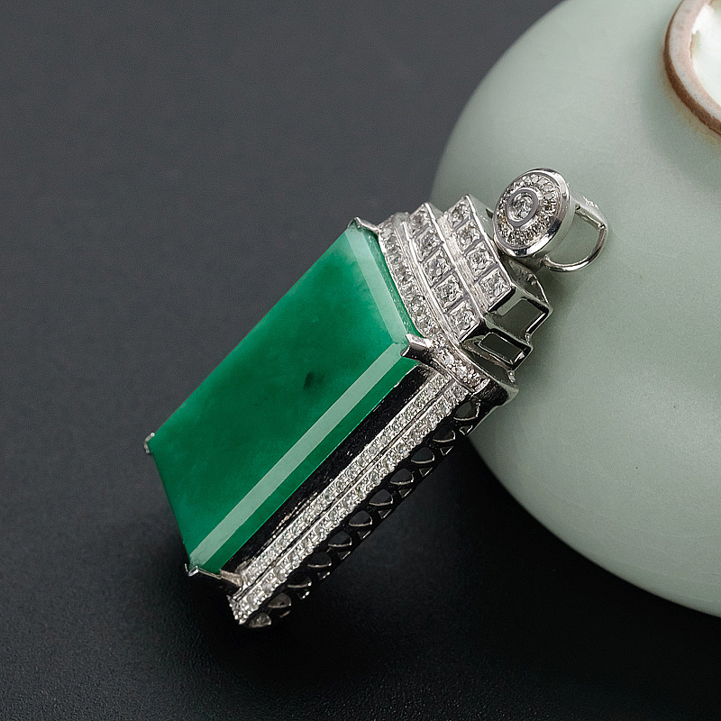 18K金糯种满绿翡翠方牌吊坠 - 红掌柜珠宝