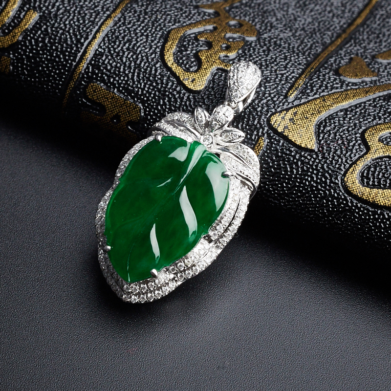 A货天然18K金镶钻冰糯种满绿翡翠叶子吊坠 - 红掌柜