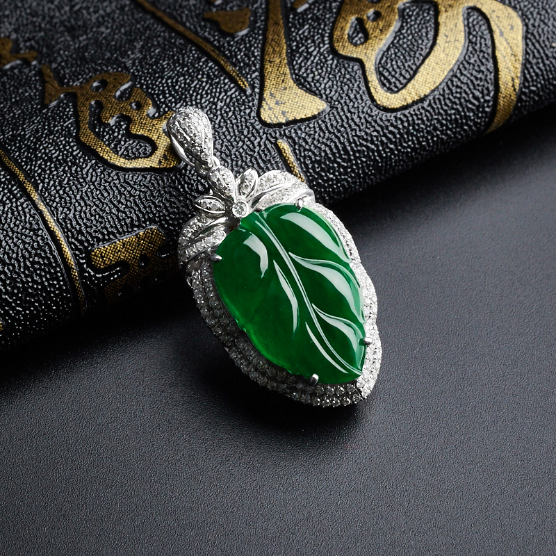 天然18K金镶钻冰糯种满绿翡翠叶子吊坠 - 红掌柜