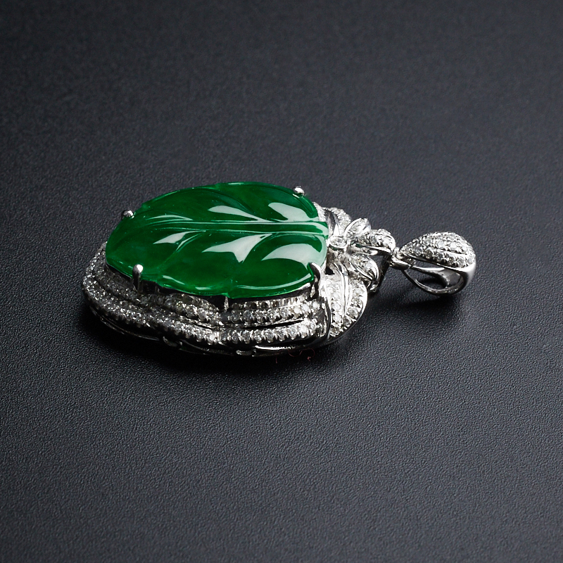 18K金冰糯种满绿翡翠叶子吊坠 - 红掌柜