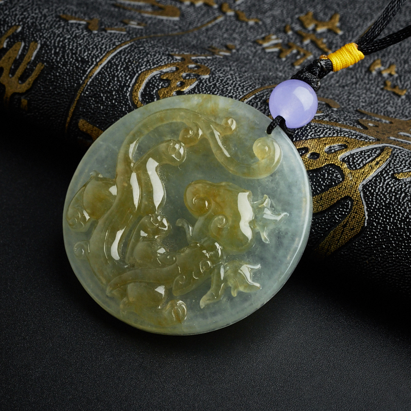 糯种淡绿飘黄翡汉龙吊坠-红掌柜