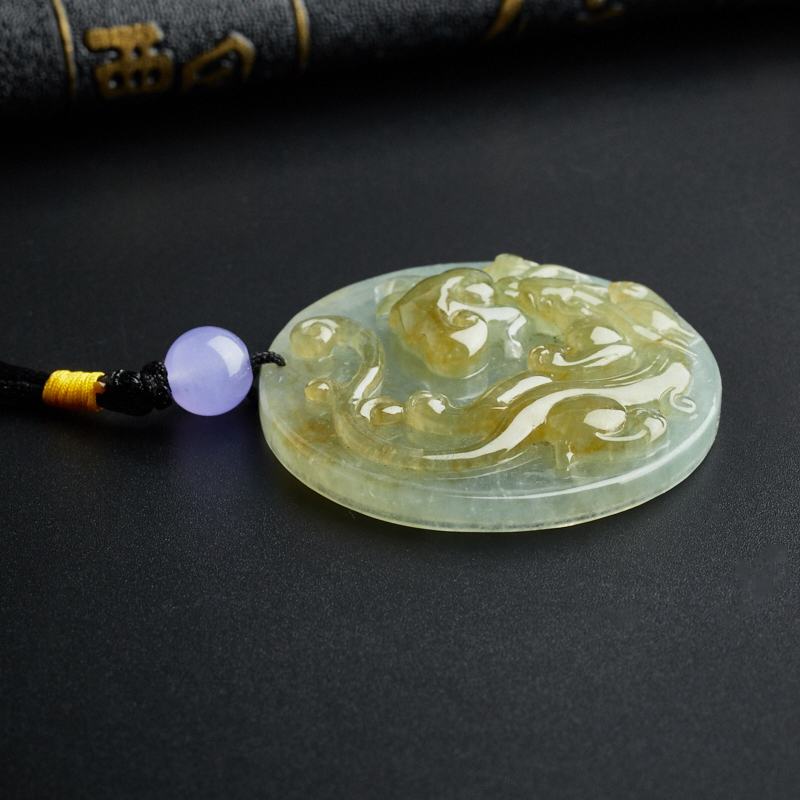 缅甸糯种淡绿飘黄翡翡翠汉龙吊坠-红掌柜