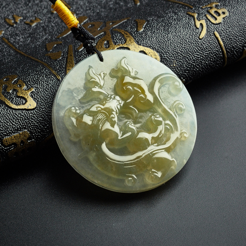 缅甸淡绿飘黄翡翡翠汉龙吊坠-红掌柜