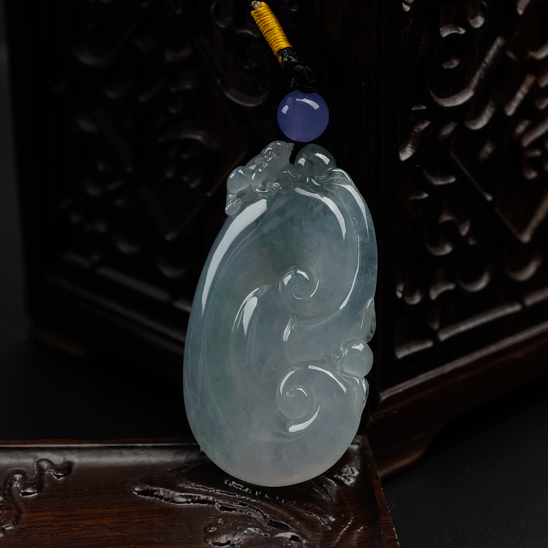 天然冰糯种飘花翡翠如意吊坠-红掌柜