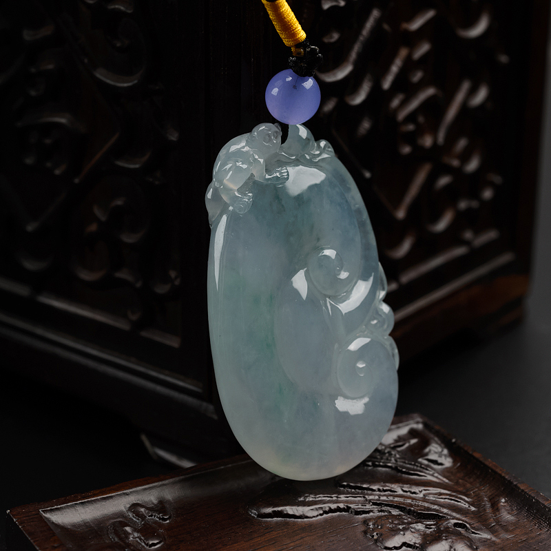 缅甸冰糯种飘花翡翠如意吊坠-红掌柜