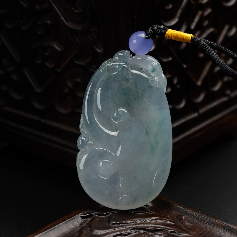 缅甸天然飘花翡翠如意吊坠-红掌柜
