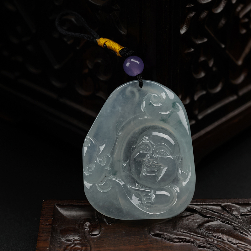 缅甸天然冰糯种飘花翡翠弥勒佛吊坠-红掌柜