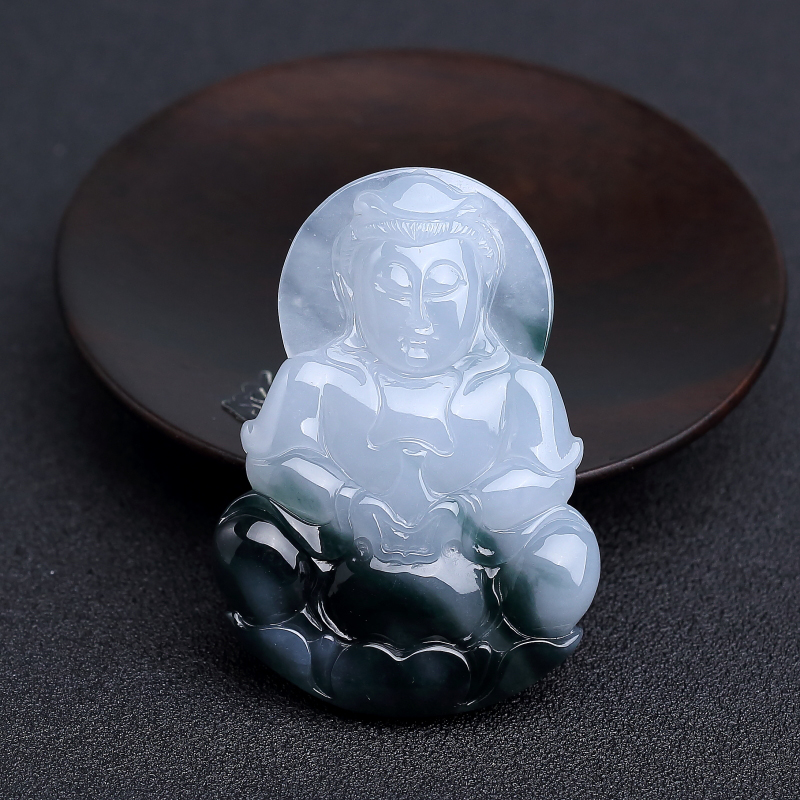 缅甸天然糯种飘花翡翠观音吊坠-红掌柜
