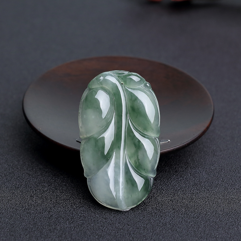缅甸天然糯冰种飘花翡翠叶子吊坠-红掌柜
