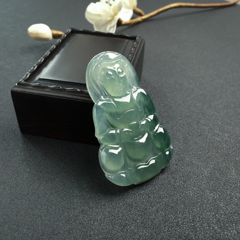 天然糯冰种飘花翡翠观音吊坠-红掌柜