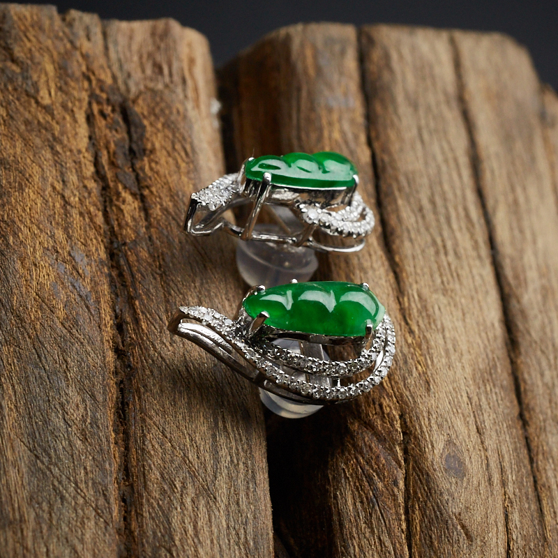 18k 镶翠色翡翠耳环-红掌柜珠宝