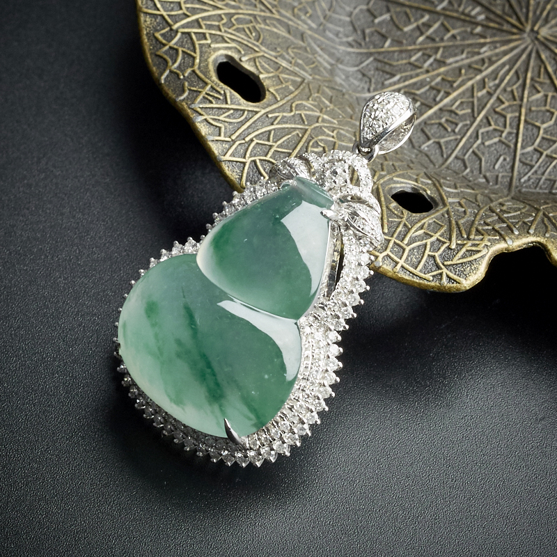 A货18K镶钻冰糯种飘花翡翠葫芦吊坠 - 红掌柜珠宝