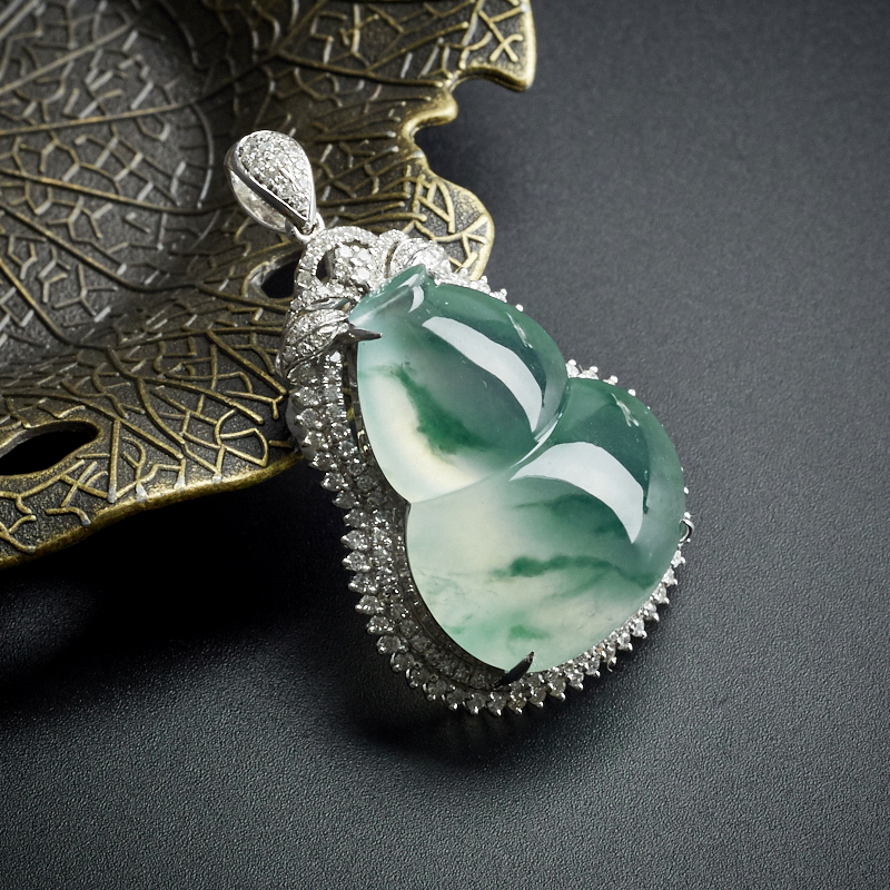 18K镶钻冰糯种飘花翡翠葫芦吊坠 - 红掌柜珠宝