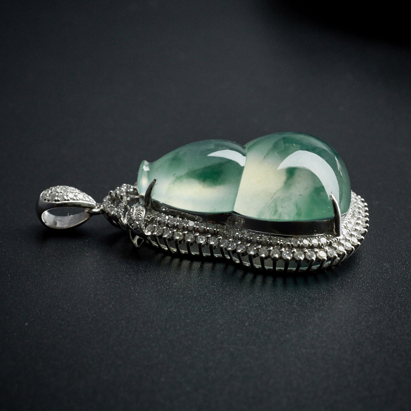 18K镶钻冰糯种飘花翡翠葫芦吊坠 - 红掌柜珠宝