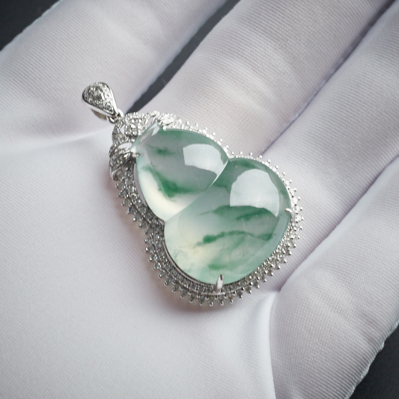 缅甸A货18K镶钻冰糯种飘花葫芦吊坠 - 红掌柜珠宝