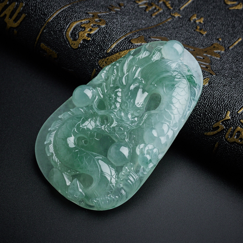 A货天然冰糯种飘花翡翠龙牌吊坠 - 红掌柜