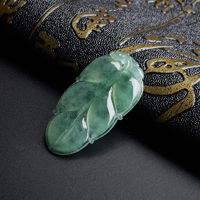 A货天然冰糯种晴水翡翠树叶吊坠 - 红掌柜