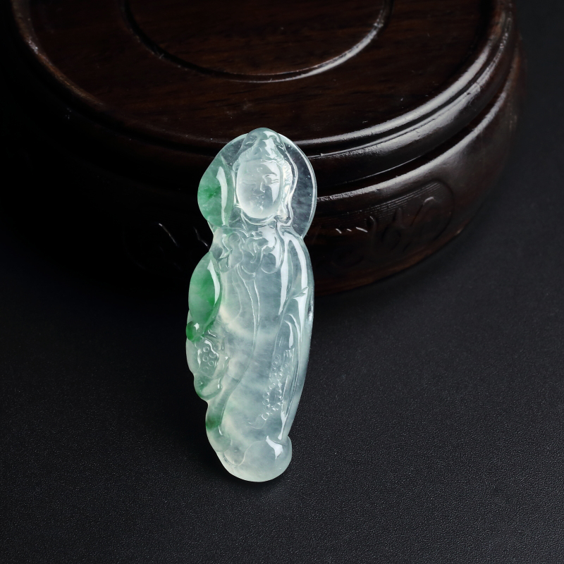 缅甸A货冰糯种飘绿翡翠观音吊坠 - 红掌柜
