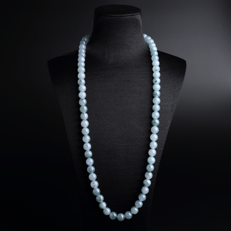 缅甸A货天然糯种浅绿飘花翡翠圆珠项链 - 红掌柜